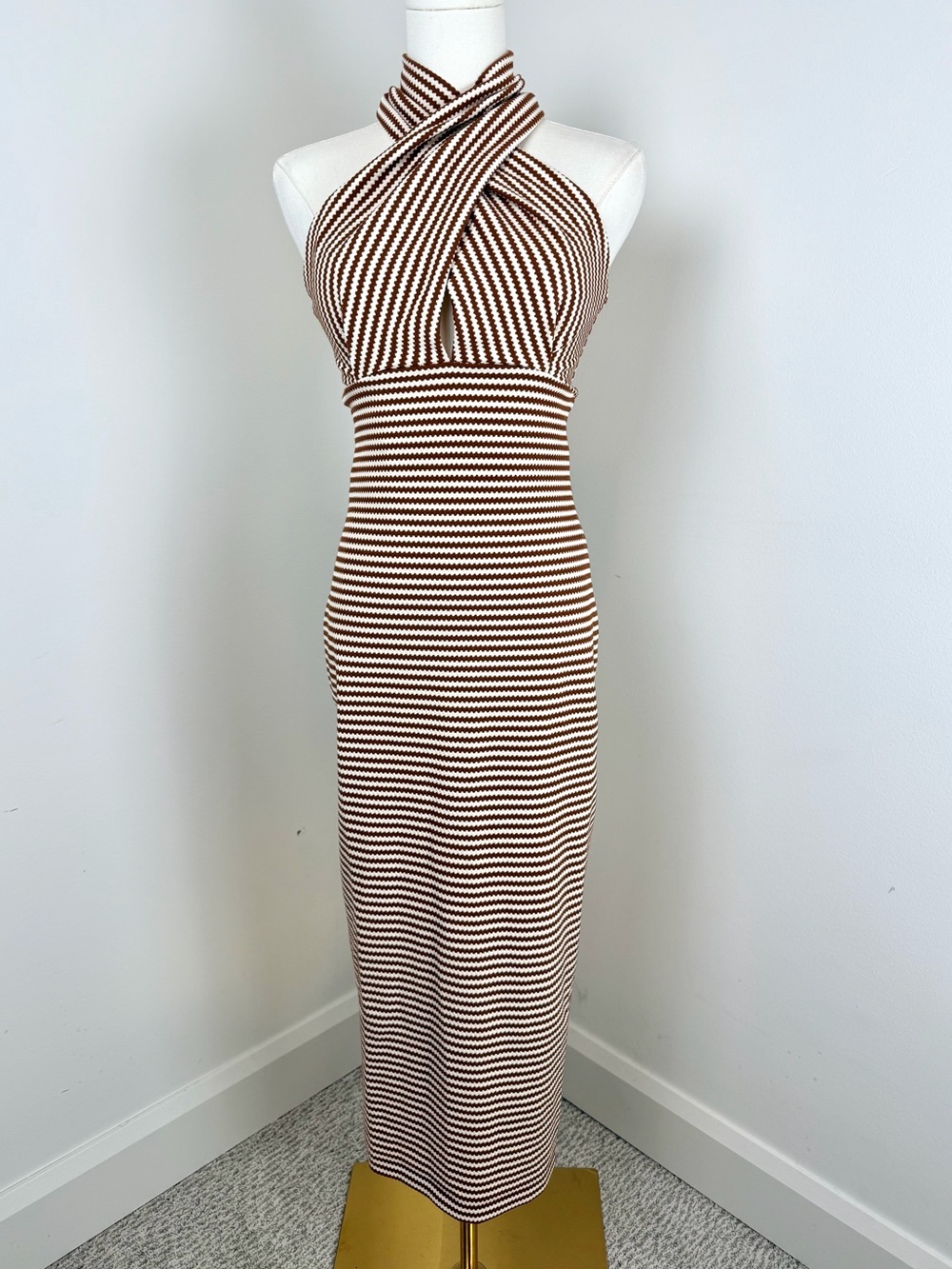 Amanda Uprichard Brown & Cream Striped Halter Dress Midi Has Stretch NWT Small - Picture 3 of 14